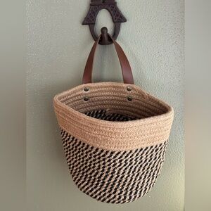 Woven Natural Fiber Coil Style Basket-Brown Faux Leather Hanging Loop-EUC